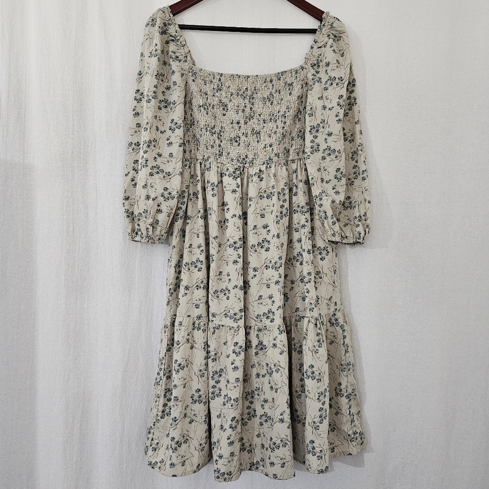 Orange Creek Long Sleeve Square Neck Ruched Midi Dress in Cream & Blue Floral - Picture 2 of 3
